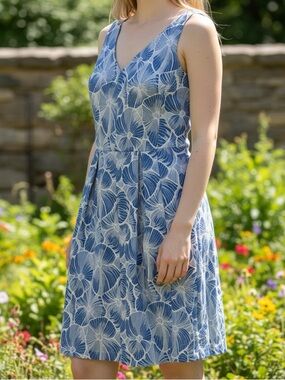 Anthropologie Blue and White Floral V-Neck Midi Dress